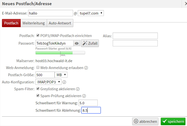 LiveConfig neues Postfach anlegen und Antispam Konfiguration